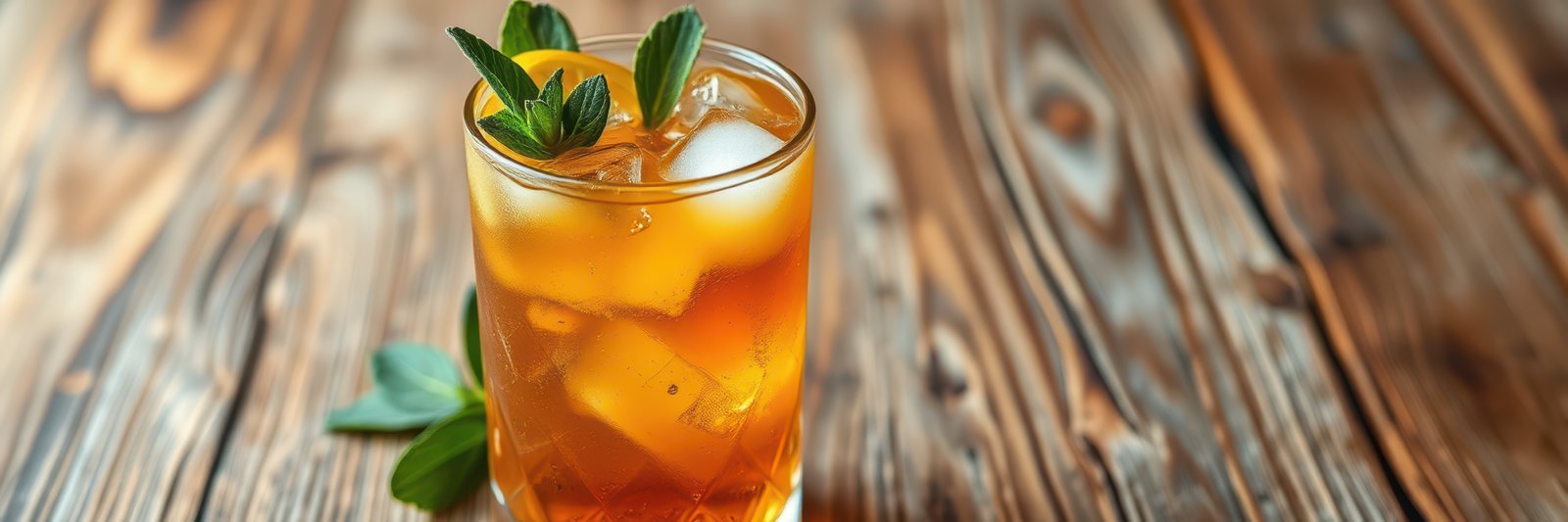 Refreshing iced tea with citrus and mint served in a glass on a rustic wooden table